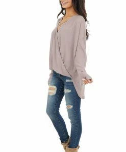 HOPELY Dusty Rose Waffle Knit Surplice Top With Criss Cross Detail Tops