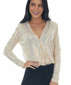 Lush Clothing Champagne Sequined Bodysuit With Shoulder Pads