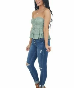 Entro Sage Tiered Ruffle Strapless Lace Woven Top 26 Entro Sage Tiered Ruffle Strapless Lace Woven Top