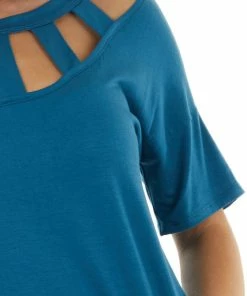 BiBi Tops Dark Ocean Blue Short Sleeve Knit Top With Caged Neckline
