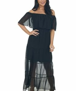 EPretty Dresses Black Swiss Dot Ruffled Off The Shoulder Maxi Dress