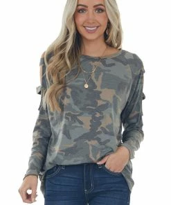 Haptics Olive Camo Raglan Sleeve Ladder Cut Out Top