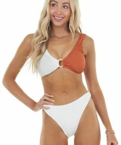 Nic + Jo Marmalade And White Textured Bikini Set With Ring Details