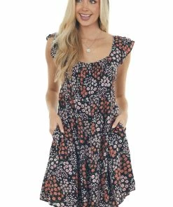 Ces Femme Dresses Black Floral Tiered Dress With Flutter Sleeves