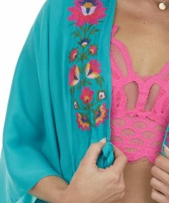 Umgee Tops Jungle Green Floral Embroidered Waist Tie Kimono