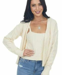 Miss Sparkling Cream Knit Crop Top And Cardigan Set Tops