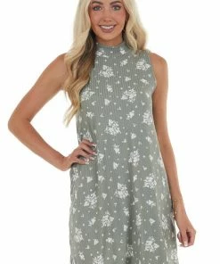 Vanilla Bay Dresses Sage Floral Print Mock Neck Ribbed Dress