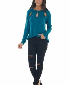 143 Story Tops Deep Teal Long Sleeve Triple Chest Keyhole Top