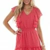 Flying Tomato Raspberry Striped V Neck Ruffle Smocked Dress