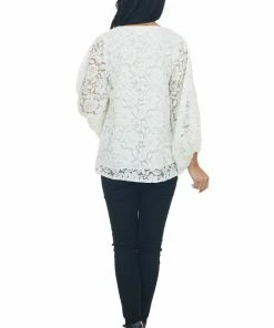 Vine & Love Tops Ivory Floral Lace Long Bubble Sleeve Blouse