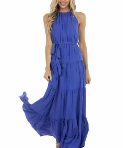 Bluivy Indigo Halter Neck Tiered Maxi Dress With Tie Detail Dresses 20 Bluivy Indigo Halter Neck Tiered Maxi Dress With Tie Detail Dresses