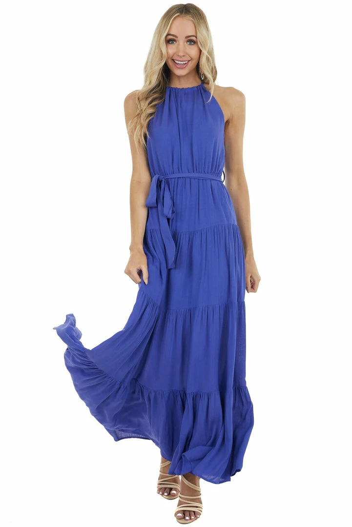 Bluivy Indigo Halter Neck Tiered Maxi Dress With Tie Detail Dresses 9 Bluivy Indigo Halter Neck Tiered Maxi Dress With Tie Detail Dresses