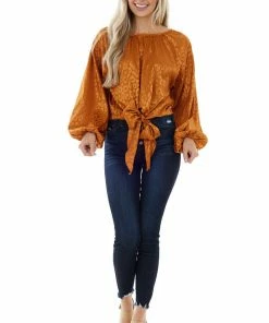 Flying Tomato Caramel Leopard Long Sleeve Top With Front Tie Tops