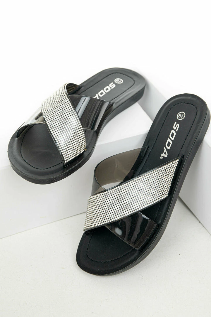 FORTUNE DYNAMIC Shoes Black And Rhinestone Criss Cross Strap Sandals 6 FORTUNE DYNAMIC Shoes Black And Rhinestone Criss Cross Strap Sandals