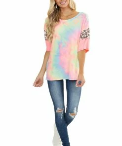 Vanilla Bay Neon Tie Dye Top With Leopard Print And Colorblock Sleeves Tops