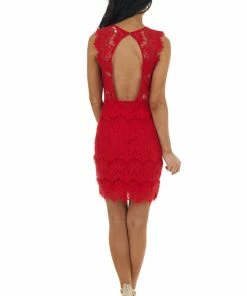 Main Strip Ruby Sleeveless Open Back Lace Dress With Scalloped Edges Dresses