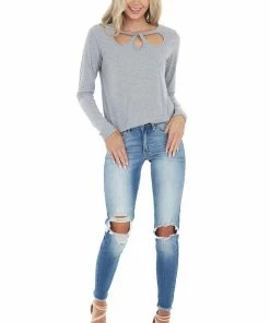 143 Story Tops Dove Grey Long Sleeve Textured Knit Top With Chest Cutout
