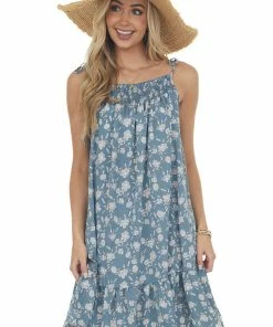 Ces Femme Dusty Slate Floral Print Sleeveless Short Ruffled Dress