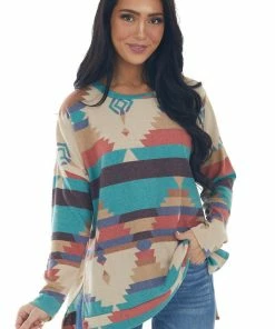 IWT Brands Beige Multicolor Aztec Print Long Sleeve Top Tops 26 IWT Brands Beige Multicolor Aztec Print Long Sleeve Top Tops