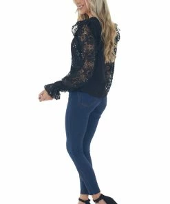Vine & Love Black Square Neck Long Sequin Mesh Sleeve Top Tops 33 Vine & Love Black Square Neck Long Sequin Mesh Sleeve Top Tops