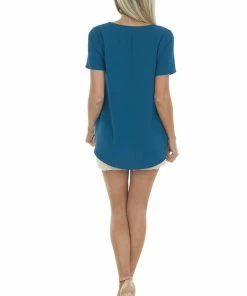 FSL APPAREL Sea Blue Short Sleeve Button Up Top With Front Tie Detail Tops