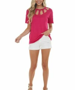 BiBi Tops Magenta Short Sleeve Knit Top With Caged Neckline