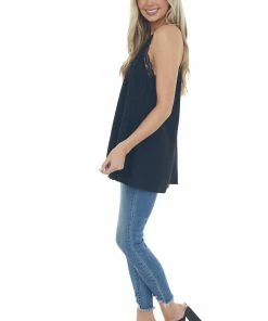 VISION Black V Neck Lace Trim Racerback Camisole Tops