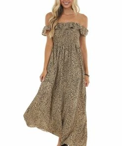 Vine & Love Latte Cheetah Print Off Shoulder Maxi Dress