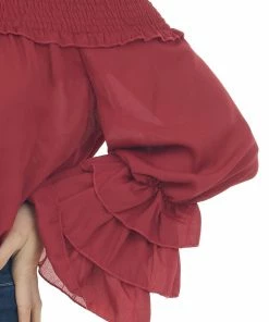 Vine & Love Maroon Off Shoulder Tiered Bell Sleeve Blouse Tops