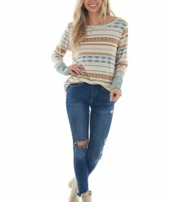 BiBi Steel Blue And Tawny Aztec Long Sleeve Top