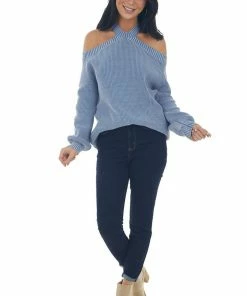 BiBi Hazy Blue Mineral Washed Cold Shoulder Sweater Tops