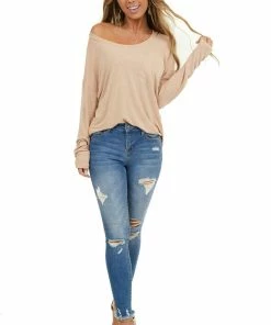 Hailey & Co Tops Desert Sand Long Sleeve Knit Top With Front Pocket Detail