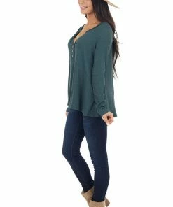Peach Love Tops Hunter Green Notch Neck Babydoll Knit Top With Button Detail