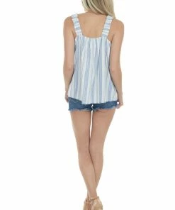 Umgee Tops Cornflower Striped Tank Top With Ruffle Straps