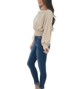 143 Story Tops Champagne Glitter Smocked Waist Boat Neck Top 27 143 Story Tops Champagne Glitter Smocked Waist Boat Neck Top