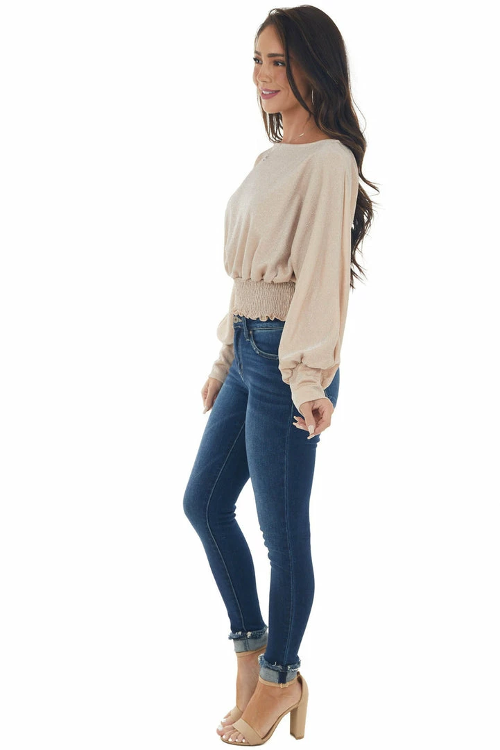 143 Story Tops Champagne Glitter Smocked Waist Boat Neck Top 12 143 Story Tops Champagne Glitter Smocked Waist Boat Neck Top