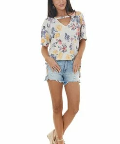 HOPELY Tops Eggshell Floral Print Short Sleeve Top With Cut Out Detail