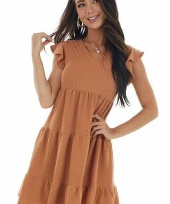 Ces Femme Cinnamon Ribbed Knit Tiered Short Dress Dresses