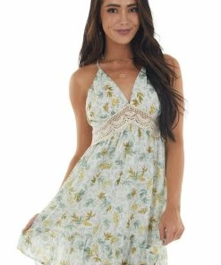 Peach Love Off White And Sage Floral Print Short Dress