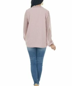 Miss Sparkling Dusty Rose Swiss Dot Blouse With Lace Details Tops