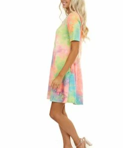 Lime 'N' Chili Multicolor Tie Dye Short Sleeve Dress With Side Pockets 31 Lime 'N' Chili Multicolor Tie Dye Short Sleeve Dress With Side Pockets
