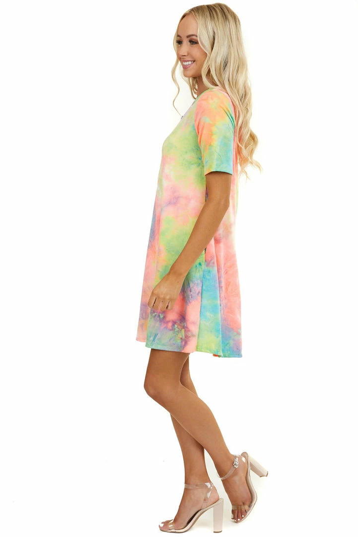 Lime 'N' Chili Multicolor Tie Dye Short Sleeve Dress With Side Pockets 16 Lime 'N' Chili Multicolor Tie Dye Short Sleeve Dress With Side Pockets