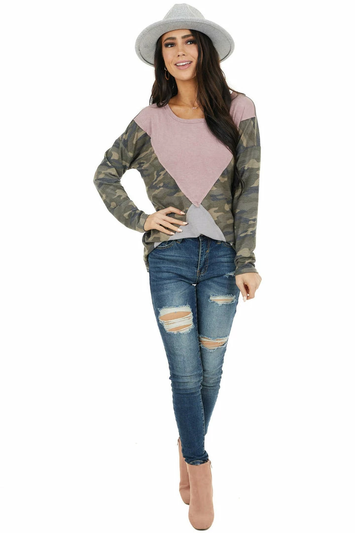 HOPELY Camo Colorblock Long Sleeve Knit Top With Raw Edge Detail Tops 16 HOPELY Camo Colorblock Long Sleeve Knit Top With Raw Edge Detail Tops