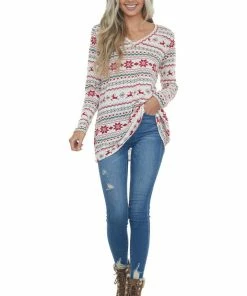 HEIMISH Vanilla Holiday Print V Neck Knit Top Tops