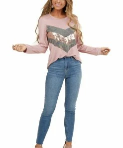 American Chic Dusty Blush Long Sleeve Top With Sequin And Camo Details