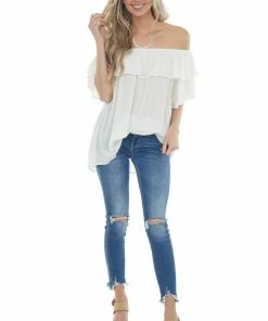 143 Story Tops Ivory Off The Shoulder Metallic Thread Blouse