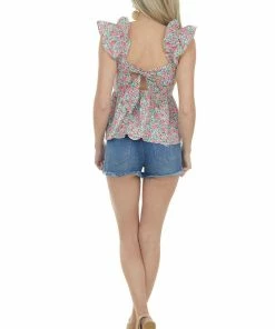 Umgee Tops Raspberry Floral Print Back Cut Out Tank Top
