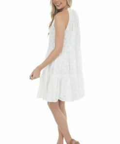 Sweet Lovely Dresses Ivory Jacquard Textured Tiered Dress With Halter Neckline