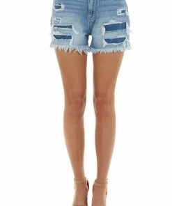 KanCan Medium Wash High Rise Destructed Shorts With Frayed Hem Bottoms