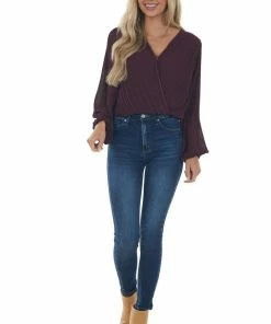 She + Sky Tops Plum Surplice Long Sleeve Pleated Blouse